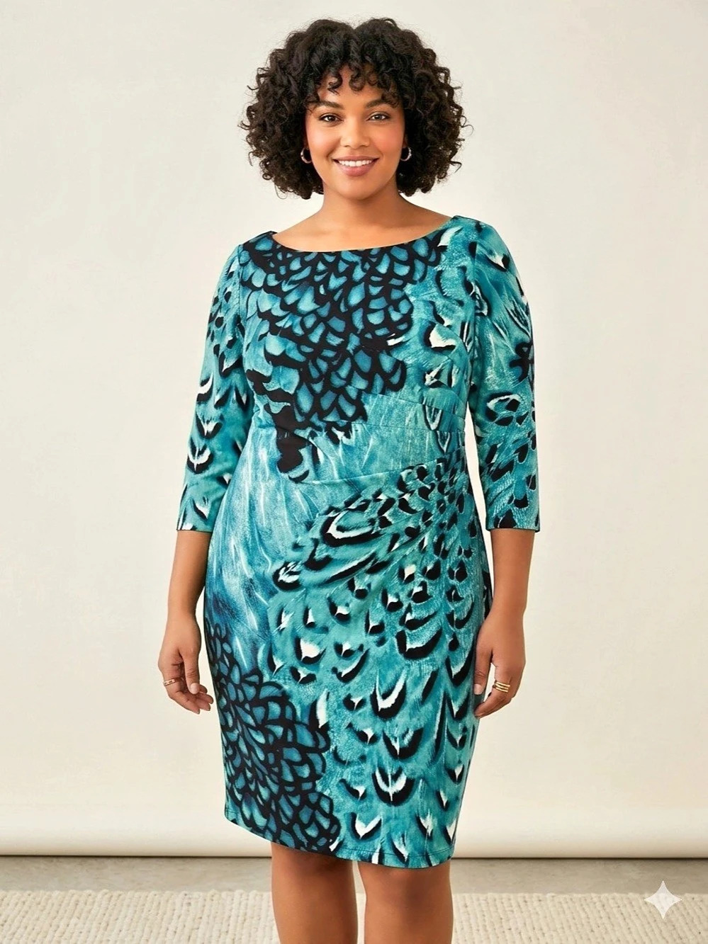 Jessica Simpson Feather Print Midi Dress Blue & Black Size 20W